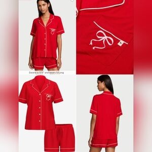 Victoria's Secret Red Short Sleeve Button-Front Pajama Set SATIN Whit Piping NWT